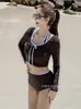 2 ColoresNuevo Bikini de Dos Piezas de Manga Larga con Protección Solar, Colores Contrastantes, Cuello Halter, Lazo, Traje de Baño de Cintura Alta para Vacaciones en la Playa para Mujeres