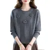 Nuevo suéter de punto para mujer de principios de otoño con estampado floral, jersey de cuello redondo, elegante y con estilo, adecuado como capa interior, camiseta básica talla grande