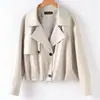 Casaco trench coat curto versátil de lapela da moda transfronteiriço, jaqueta casual elegante de pele de carneiro solta, novo casaco de couro de outono