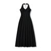 Vestido Halter Decote V Estilo Francês com Bojo, Design Feminino com Corrente nas Costas, Cintura Recortada e Saia Longa sereia