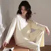 Pijama Estilo Coreano para Mulheres, Primavera e Outono, Algodão Puro, Cardigã Listrado Doce com Renda de Manga Longa, Relaxado, Pode Ser Usado Fora de Casa, Conjunto para Casa