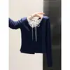 Cardigan Chaqueta Superior de Encaje Estilo Coreano de Botones Individuales para Mujer Primavera y Otoño Top de Tirantes Falso de Dos Piezas Camiseta de Manga Larga