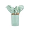 Fábrica en stock, juego de utensilios de cocina de silicona con mango de madera, cubo de almacenamiento, 11 piezas, juego de 12 piezas, cuchara de silicona, espátula, sartén antiadherente, utensilios de cocina