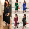En stock Vestido Cruzado para Mujer de Manga Larga con Cuello en V Plisado de Color Sólido Simple Moda