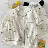 Pijama Popular Transfronterizo de Algodón Nube para Mujer Cárdigan Solapa Conjunto de Tres Piezas Pantalones Cortos Pantalones Largos Ropa de Casa Conjunto para Mujer