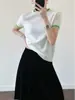 Tienda insignia Shanghai Dan Nong / Camiseta de punto de seda helada de manga corta con bloques de color estilo vintage para mujer, Top base único que reduce la edad