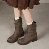 Estilo casual~ Botas de cano médio com salto grosso e bico redondo retrô, botas de cavaleiro com salto grosso de 4 cm, novas botas Martin empilhadas femininas para outono e inverno