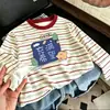 Camiseta de manga larga a rayas de retazos de algodón puro para niños, nuevo estilo primavera y otoño, camiseta básica elegante y holgada para niños