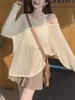 Nuevo Estilo Primavera y Verano 2026 Cubre-traje de Malla Tejida con Calados Protección Solar Delgado Holgado Hombros Descubiertos Estilo Perezoso Suéter Pulóver para Mujer