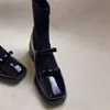 Botas Cano Curto Retrô Quadradas com Laço Elástico Slim 2026 Novo Estilo Patchwork Mary Jane Bota Meia Slim Salto Bloco Grosso para Mulheres