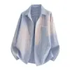 Camisa Listrada Solta de Manga Longa Masculina Outono Casual Design de Gola Camisa Jaqueta