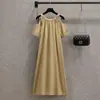 Vestido Elegante Holgado con Hombros Descubiertos Estilo Coreano Verano Talla Grande para Mujer mm Cubre Vientre Dulce Francés Falda Midi