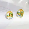 Pendientes Europeos y Americanos Nuevo Retro de Perlas y Pedrería Estilo Pintura al Óleo Exquisito Diseño de Flor Pendientes de Moda Pendientes Versátiles