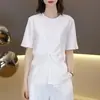 Camiseta de algodón de seda fresca con retazos de algodón nube para mujer, diseño de giro francés, manga corta, top versátil de moda para verano