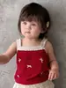 Moda Verão Estilo Coreano Conjunto Fashionável para Meninas Top Vermelho com Alças e Laço Calça de Pernas Largas Conjunto de Duas Peças para Crianças de 1 Ano Roupas de Verão