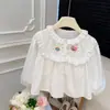Camisa Básica Gola Boneca Estilo Primavera e Outono 2026 para Meninas, Blusa de Algodão Puro para Outono, Blusa Jacquard Novo Estilo Chinês para Roupa Externa