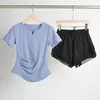 Conjunto Fitness de Verão Feminino Profissional Plus Size Corrida Secagem Rápida Pilates Yoga Treinamento Roupa Esportiva Top de Manga Curta com Decote V