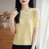 2026 Primavera e Verão Novo Estilo Lã Fina Gola Redonda Malha Manga Curta Jacquard de Organza Caimento Solto Camiseta Base
