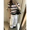 Top de malha listrado em blocos de cor retrô estilo coreano para mulheres, casual chic de verão, justo, versátil e moderno