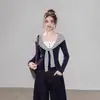 Camiseta de manga larga azul oscuro tipo dos piezas para mujer, chal a rayas, top base ajustado