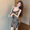 Lingerie de sexo noturno sexy estampa de leopardo camisola de alças paixão tentação laço de renda traje de noite flertando na cama
