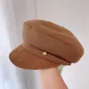 Boina Retrô Patchwork com Aba de Veludo Camurça para Mulheres Outono Britânica Versátil Boné Bico de Pato Proteção contra Frio Aquecimento Boina Octogonal Tendência