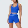 Conjunto de Yoga Europeu e Americano Color Block Escovado com Decote U e Alças Duplas Costas Esportivas Bonitas Shorts Roupa Fitness Conjunto para Corrida e Exercício