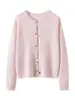 Cardigan de Tricô de Seda e Caxemira Estilo Coreano Moda Suave Suéter Feminino Gola Redonda Senso de Design Elegante Botão Colorido Peça de Roupa Externa