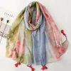 Bufanda impresa de estilo étnico bohemio para mujer, chal retro estilo pintura a tinta rosa y azul imitación tie-dye, bufanda de seda para viajar para mujer