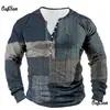 Camiseta de Manga Larga a Cuadros Retro para Hombre Top Gráfico a Cuadros Camiseta de Manga Larga Impresa en 3D Talla Grande Camisa Henley Superior para Hombre