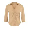 Camisa Feminina Gola V Plissada Manga Três Quartos Puro Desejo Temperamento Slim Fit Cintura Marcada Valorizando Top de Botão Único Outono