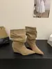 Botas femininas Chuyuji retrô de perna larga que afinam, plissadas, empilhadas, modelo novo 2026, bico fino, salto plataforma, elegantes botas plissadas de cano médio