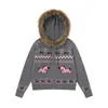 Suéter Jacquard Fair Isle Retro con Cuello Grande de Piel, Cierre de Cremallera para Mujer, Nueva Chaqueta de Punto con Capucha Estilo Holgado y Perezoso