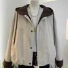 2685 Chaqueta Casual de Color Bloque Falsa de Dos Piezas Estilo Nuevo Primavera y Otoño para Mujer, Corte Holgado, Versátil, Chaqueta Corta con Capucha