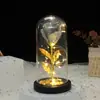 Nova Tampa de Vidro Luminosa Flor Artificial Rosa Flor Eterna Decoração Folha de Ouro Flor de Sabão Presente Ornamento LED de Mesa
