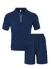 Conjunto de Dos Piezas de Verano con Cuello de Solapa y Manga Corta, Pantalones Cortos, Jacquard de Toalla, Traje Deportivo Casual para Hombre