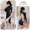 Lencería sexy de noche larga europea y americana transfronteriza de comercio exterior sexy sin espalda con abertura y encaje con cordones cheongsam manga larga 1804
