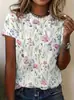 Camiseta feminina de manga curta europeia e americana transfronteiriça com estampa 3D floral e xadrez, camiseta de gola redonda estilosa e versátil