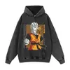 Ilustración de personaje sudadera negra desgastada, estilo oversized high street, ropa casual de otoño e invierno, sudadera con capucha, sudadera de cuello redondo