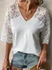 Amazon 2026 nuevo top casual de verano cruzado europeo y americano, holgado, cuello en V, hueco, color sólido, manga de cinco cuartos para mujer