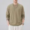 Camiseta Masculina Shanggu Cor Lisa Gola Redonda Manga Longa Primavera e Outono Solta Peso Pesado Camada Base Simples Top Interno