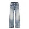 Calça jeans masculina retro americana com lavagem desgastada, estilo punk moderno, gradiente desbotado, corte reto solto, estilo básico