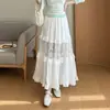 Saia feminina branca de comprimento médio, novo estilo outono e inverno 2026, com aplicação de renda nas bordas plissadas, saia de bolo em linha A, saia longa