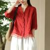 Camisa retro de algodón y lino 2024, nueva camisa bordada con hilo artístico para mujer, top adelgazante de organza con costuras de temperamento
