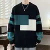 Suéter de malha falso de duas peças com blocos de cores para outono e inverno para meninos, adolescentes e estudantes, top de malha estiloso e moderno de modelagem solta