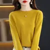 Suéter de tricô feminino com gola redonda, de manga comprida, sem costura, com bainha enrolada, perfeito como peça básica, feito de lã, estilo novo, na cor verde claro
