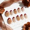 30 Piezas de Uñas Postizas con Forma de Almendra Transfronterizas en Marrón Cálido para Otoño e Invierno, con Pedrería Hecha a Mano 3D, Estilo Manicura Francesa de Alta Gama