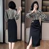 Elegante Vestido de Dos Piezas Falsas con Rayas de Alta Gama para Mujer 2024 Nuevo Otoño Empalmado de Manga Larga Efecto Adelgazante Falda con Abertura en la Cadera
