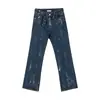 Jeans para hombre de estilo americano, lavados a la calle, desgastados, ligeramente acampanados, adecuados para primavera y otoño, con corte recto y holgado, que encarnan una vibra de alta calle europea y americana.