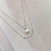 Accesorios de Plata S925 Set Doble Capa Perla Sonrisa Cadena Incrustada con Circonita Blanca y Perlas de 7-8 mm con Cadena Sin Perlas